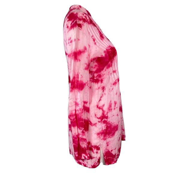 Michael Kors Shirt Women Sz XS Pink Tie Dye Pleated V-Neck Tunic Top Cotton - Picture 2 of 8